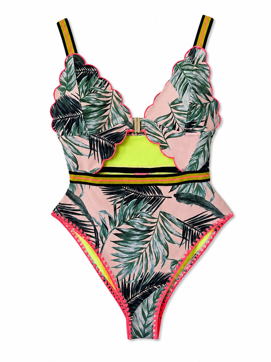 River Island Other - River Island Tropical Palm Print Scalloped One Piece Swimsuit Size 12 Neon Trim